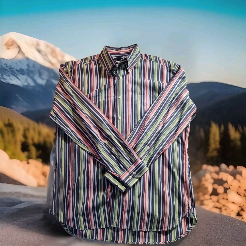 Tommy Hilfiger Long Sleeve Large Multi-Colored Striped Mens Button Shirt VTG 917